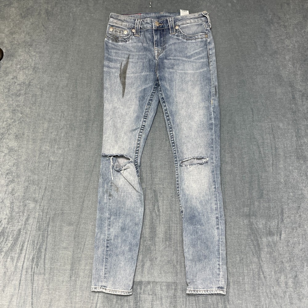 True Religion Jeans Womens 29 30x30.5 Blue Denim Distressed Super Skinny Leg